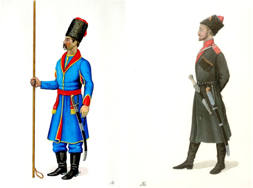 Хоперский казак в форме 1777 г. и младший урядник 1-й сотни Хоперского полка в полной парадной форме для конного строя. Рисунки В.В. Стецова. Из фондов СГМЗ.jpg