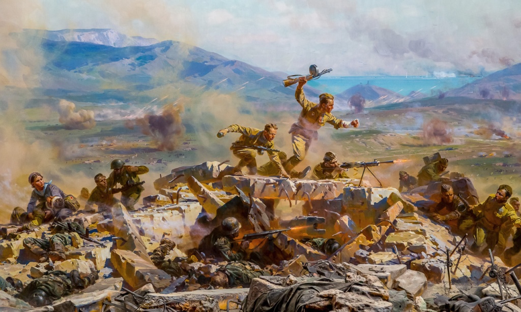 12а П.Т. Мальцев Г.И. Марченко Н.С. Присекин Штурм Сапун-горы 7 мая 1944 года (фрагмент диорамы). 1959 г..jpg
