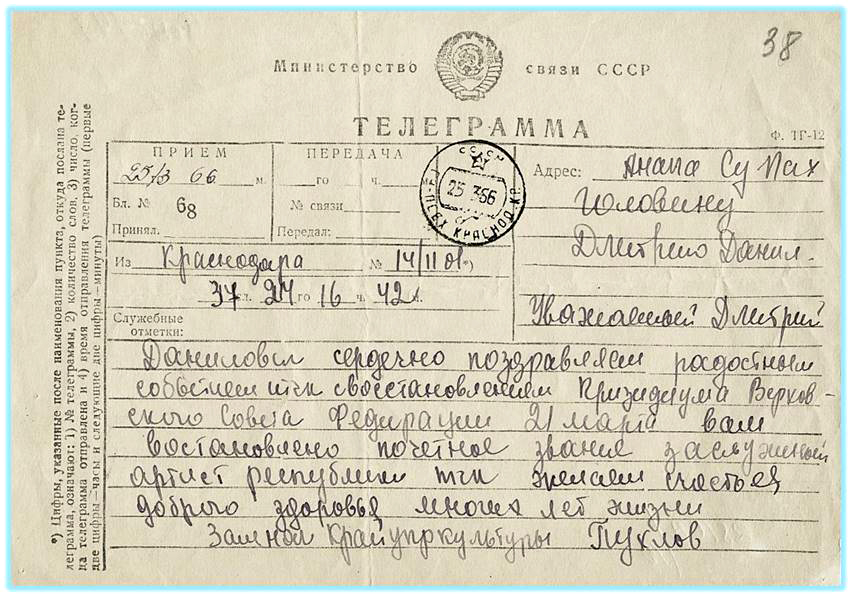 11. Телеграмма на имя Д.Д. Головина о восстановлении почетного звания Заслуженный артист РСФСР. 1966 г..jpg